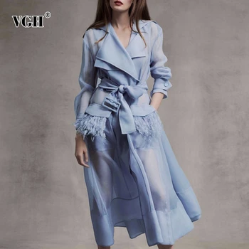 

VGH Patchwork Feather Perspective Women's Dress Notched Long Sleeve High Waist Sashes Tassel Dresses Female Spring New 2020