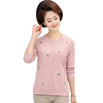 

Print T-Shirts Women Long Sleeves Tops Spring Fall Bottoming Shirt Casual Pullover L-4XL Plus Size Middle Age Mother Clothing