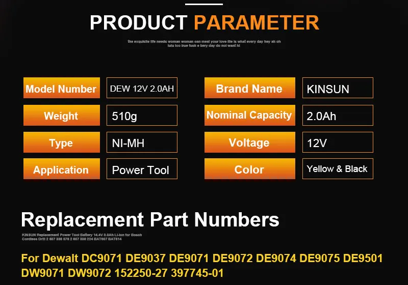 KINSUN Замена Мощность инструмент Батарея 12V 2.0Ah Для Аккумуляторная дрель DEWALT отвертка DC9071 DE9037 DE9071 DE9072 DE9074 DE9075