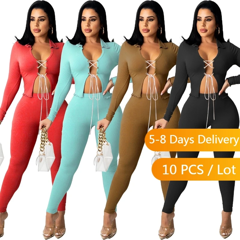 

Bulk Items Wholesale Lots Sexy Bandage Club Outfits for Women Fall Clothes Ribbed Two Piece Set Lace Up Crop Top and Pants Set