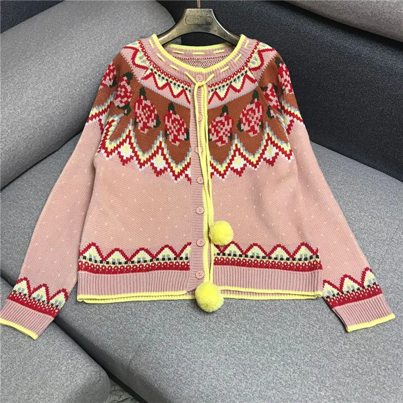 Harajuku вязаный кардиган, Рождественский свитер, Женский Осенний вязаный жакет с круглым вырезом на шнуровке, повседневный женский кардиган с вышивкой - Цвет: Pink