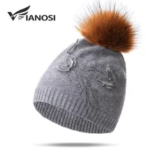 VIANOSI зимние шапки для женщин натуральный помпон из лисьего меха теплые шерстяные шапочки Женская мода бабочка толстые женские шапки