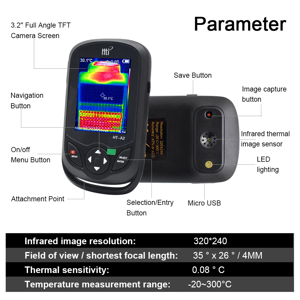 3," HT-A2 Автоматический Портативный тепловизор-20 °C~ 300 °C портативный тепловизор 300000 пикселей Инфракрасный измерительный прибор