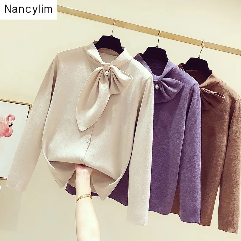 

Autumn Winter Cardiagn Shirt Women 2019 New Korean Style Nail Bead Bow Neckle Single-row Button Pure-color Knitted Shirt Coat