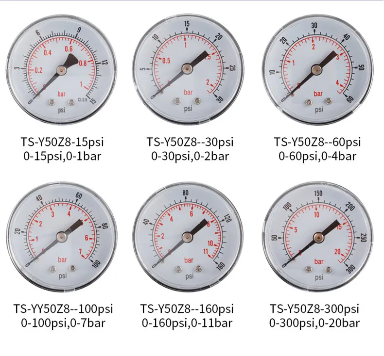 0-300psi 1/8BSPT 0-20bar Axial Pressure Gauge Pressure Dial Measuring Meter Tool 