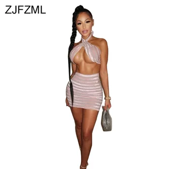 

Velvet Two Piece Matching Sets Women Autumn Winter Outfits Halter Backless Bra Top+ Bodycon Mini Skirt Sweatsuits Plus Size Suit