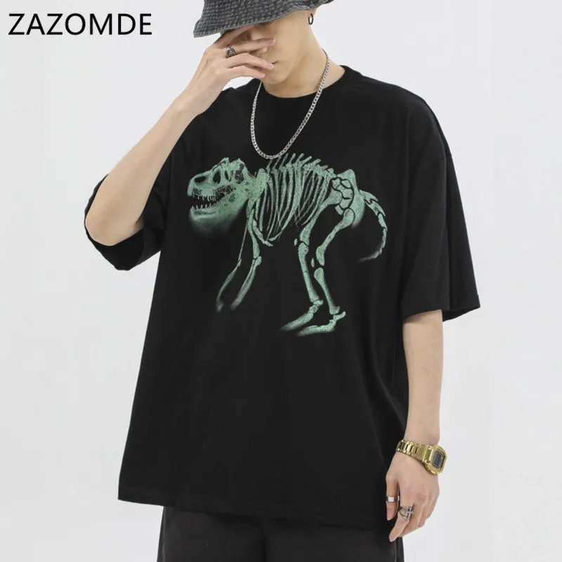 

ZAZOMDE Men Skull Dinosaur Print T Shirt Cotton Casual Black T Shirts Punk Style Gothic Streetwear Summer Tops Comfortable Tees