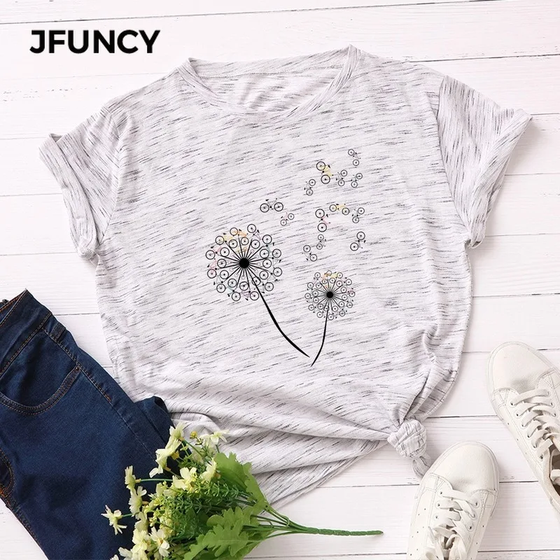 

JFUNCY New Plus Size Women Cotton T-shirt Summer Short Sleeve Female Shirt Creative Bike Dandelion Harajuku Print Woman Tee Tops