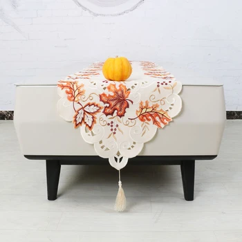 

Embroidered Maple Leaves Table Runner Handmade Table Cover for Party Decor