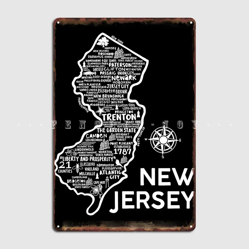 New Jersey Map Metal Sign Cinema Soggiorno Pub Garage Retro Wall Decor Tin Sign Poster