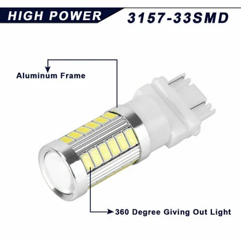 

2Pcs LED Lights Car White 3157 3156 33SMD Brake Tail Bulb 6000K DC 12V