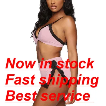 

Sexy Women Lace Deep V-neck Lace Bra Crop Tops High Waist Split Shorts Set Women Babydoll Nightwear Sleepwear Underwear