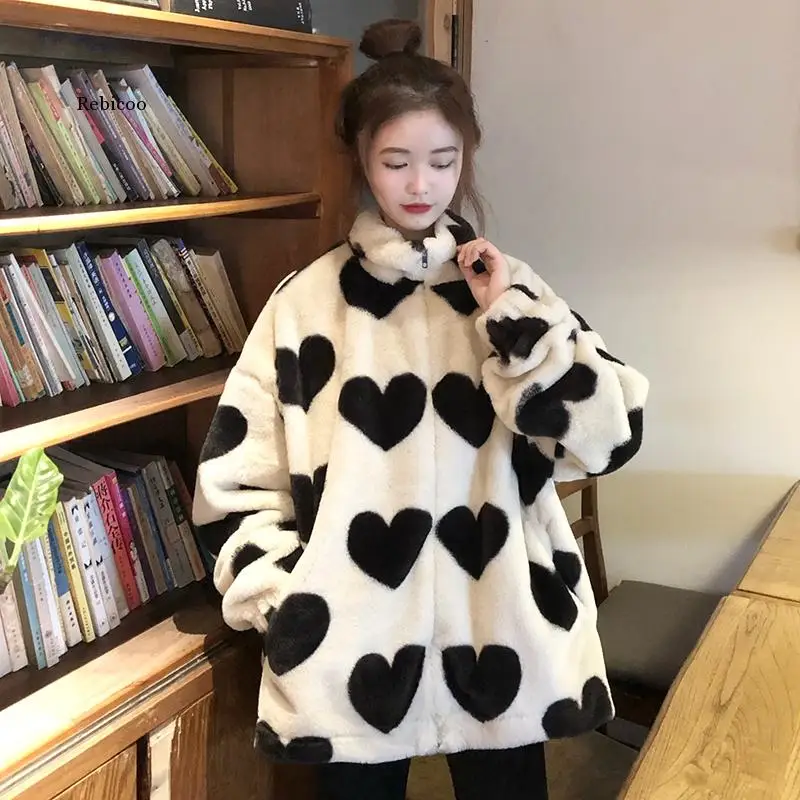 

New Winter Women Jacket Lamb Wool Jacket Female Cute Love Heart Lamb Wool Cotton Coat Loose Coats Mujer
