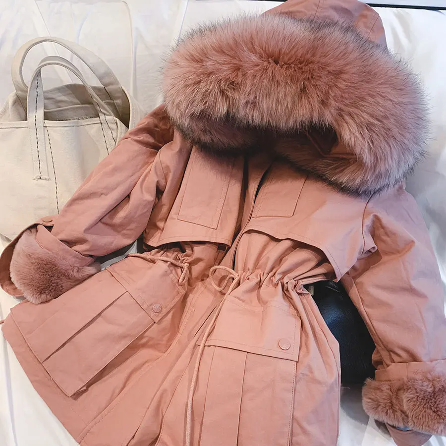 Новинка, зимняя женская куртка с длинным рукавом, высокое качество, натуральный мех, зимнее пальто, свободный стиль, женская зимняя одежда с шапкой