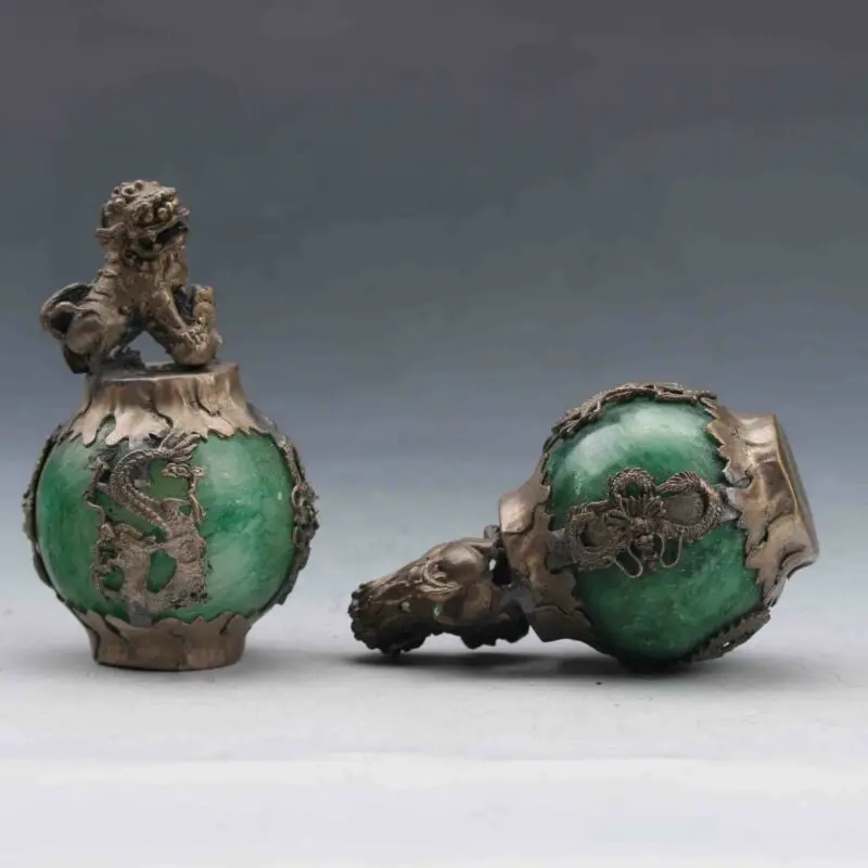 EXQUISITE CHINESE SILVER DRAGON INLAID GREEN JADE HAND CARVED PAIR LION STATUE 