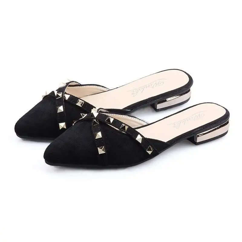 

Slipper Women's Summer Outer Wear Fashion 2019 New Style Pointed Flat Rivet Closed-toe Rome Lazy Slippers Mules Shoes