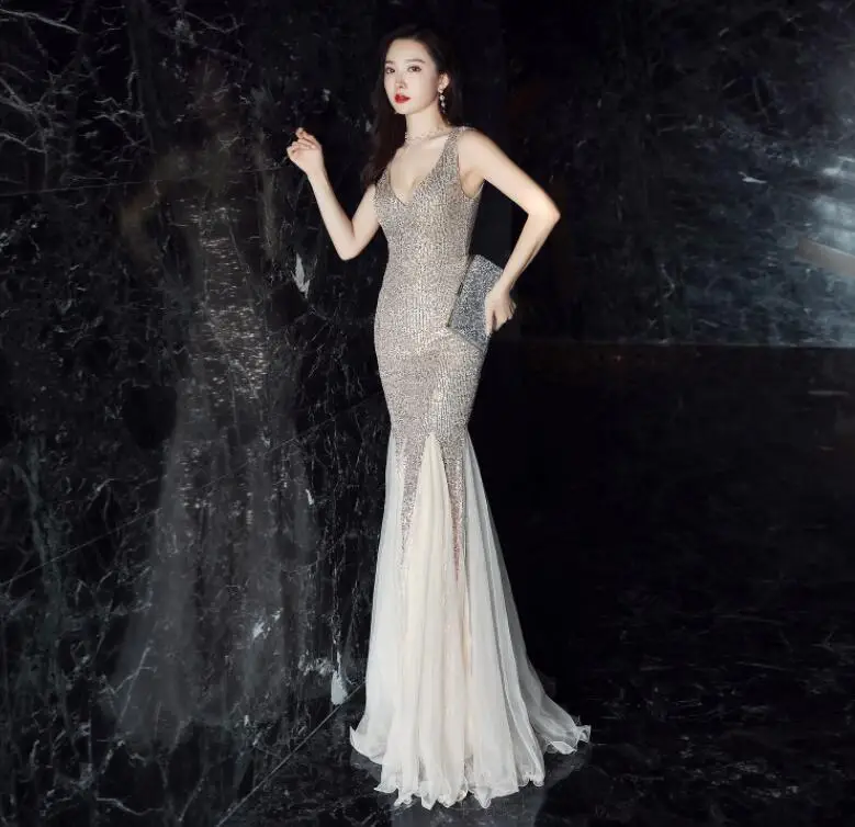Robe De Soiree Новые Сексуальные Зеленые Длинные вечерние платья с v-образным вырезом без рукавов, элегантные Abendkleider LF472 - Цвет: Gold champagne