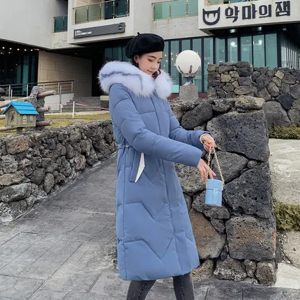 Зимнее женское теплое пуховое пальто с капюшоном, повседневные длинные женские пуховики, женская утепленная хлопковая парка, верхняя одежда, корейское пальто - Цвет: Небесно-голубой