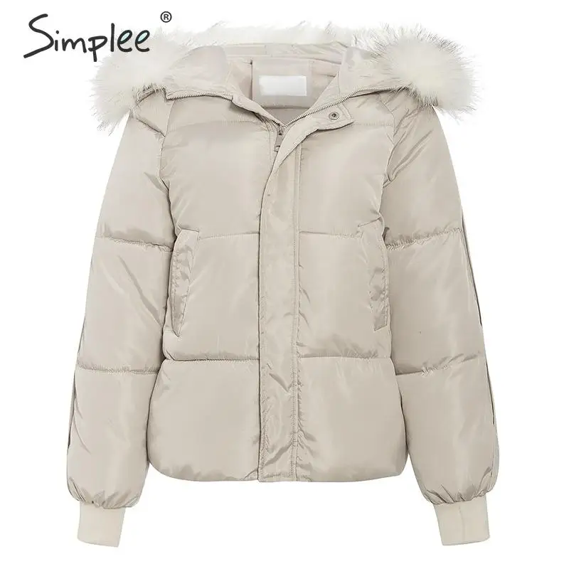 Simplee повседневная женская короткая парка с меховым воротником, с карманами, на молнии, с пуговицами, женские стеганые пальто, толстая верхняя одежда, женские теплые парки с капюшоном - Цвет: Бежевый