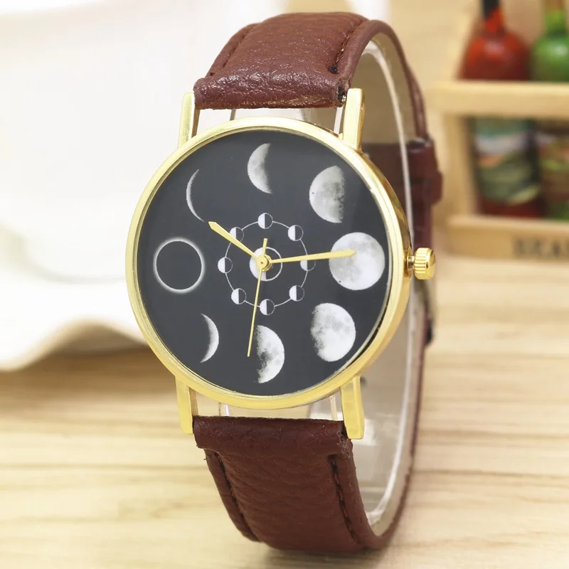 Часы-браслет Moon Phase для женщин, аналоговые кварцевые наручные часы Lunar Eclipse, креативные часы, женские часы - Цвет: Коричневый