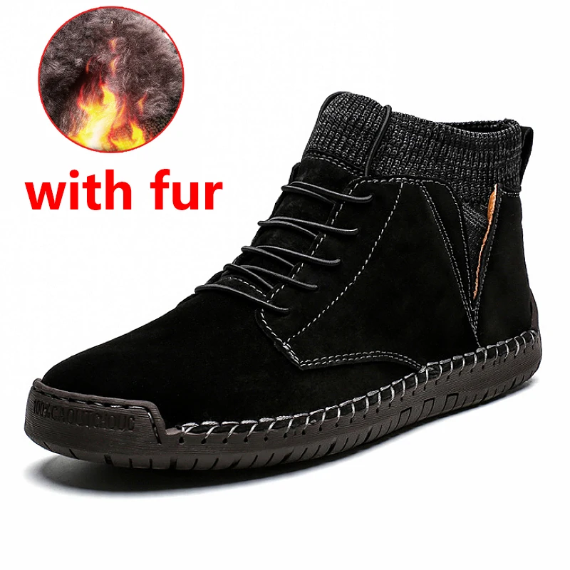 black with fur JINTOHO/мужские кожаные ботильоны большого размера; модная мужская обувь из натуральной кожи; Брендовые мужские ботинки; теплые зимние ботинки; зимние ботинки для работы - Цвет: black with fur