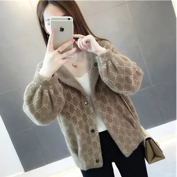 

2019 A New Fashion Sweater Women Lingge Mink-like Hooded Wears Loose Shirt Korean knitted Lantern sleeve Cardigan Outside Female