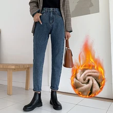 FINEWORDS теплые утепленные внутри флисовые шаровары джинсы для женщин в стиле бойфренд Свободные повседневные зимние плюс вельветовые джинсы с высокой талией винтажные