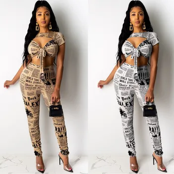 

2020 Women Sets Summer Tracksuits Newspaper Print Top+Pants Suit Two Piece Set Night Club Party Elegant Sporty 2 Pcs Street