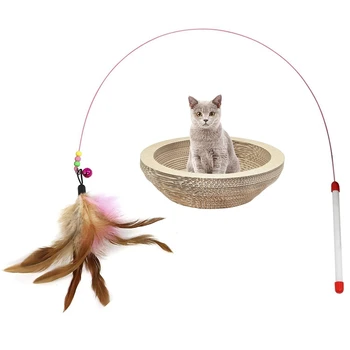 

HOT 1pcs Cats Bouncy Rod with Bell and Feathers & 1pcs Cat Scratching Lounge Board Corrugated Cardboard Scratcher Large