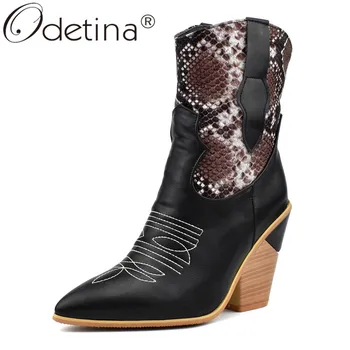 

Odetina Women Fashion Western Cowboy boots Pointed Toe Mid Calf Boots Block High Heel Casual Slip On Winter Snakeskin PU Ladies