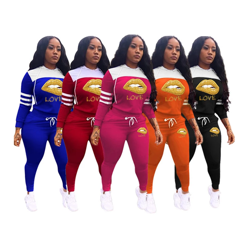 

New Arrival Autumn Women Tracksuit Solid-color Letter LOVE & Lip Print Long-sleeves Hoodie & Drawstring Trousers 2 Piece Set