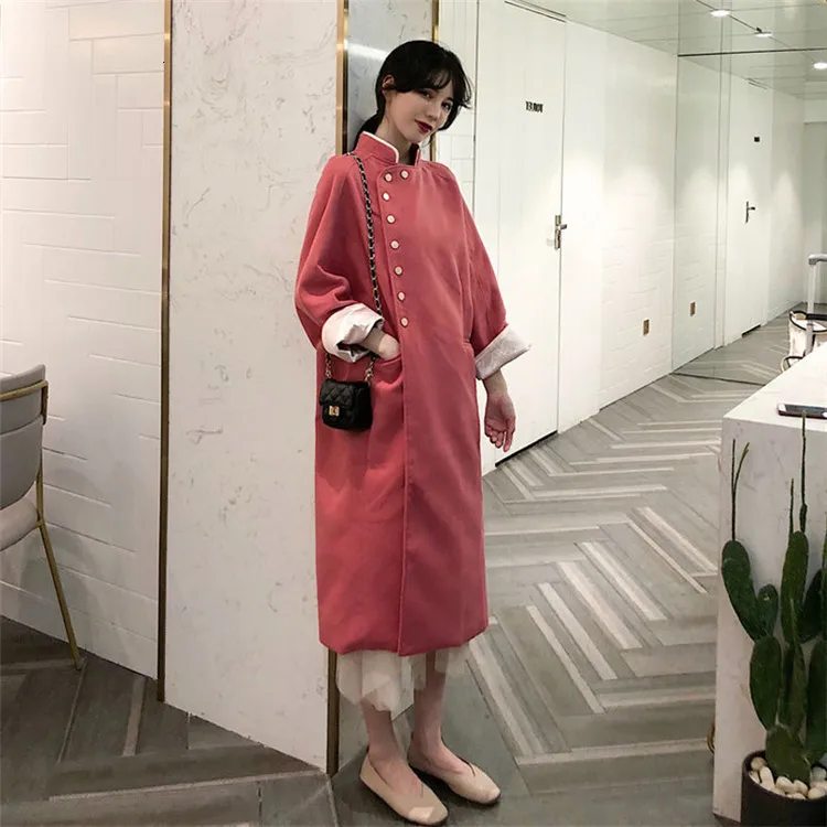 [EWQ] Autumn Winter New Korean Style Long-sleeved Stand Collar Pink Woolen Coat Sweet Plus Size Ladies Warm Overcoat QL488