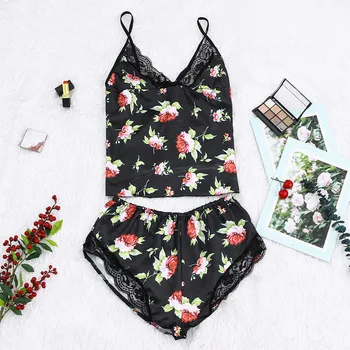 

New Women Sleepwear set Sexy Satin Pajama Set Lace V-Neck Pyjamas Sleeveless Cute Cami Top and Shorts #3