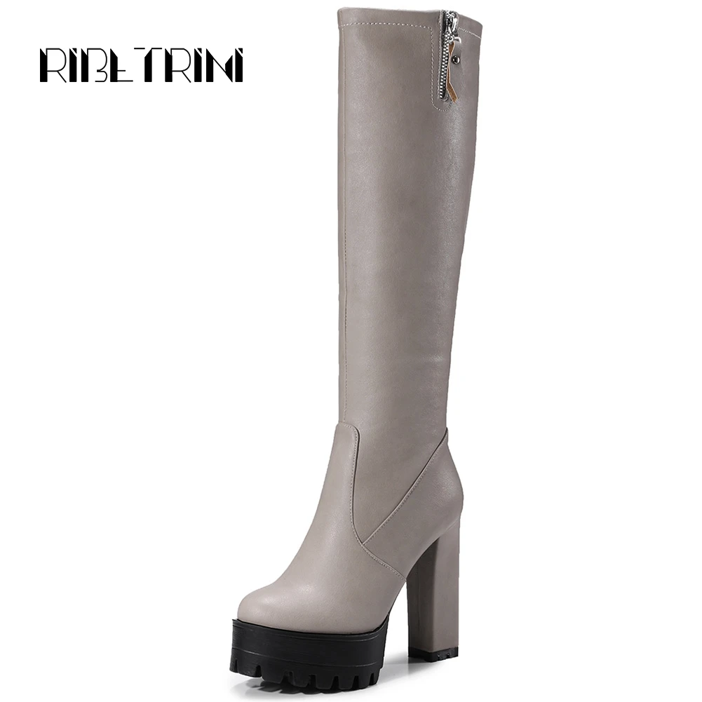 

RIBETRINI Knee High Long Boots For Women Chunky High Heels Round Toe Platform Faux PU Leather Autumn Winter Slim Knight Boots