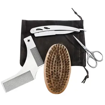 

4pcs Beard Trimming Set Stainless Steel Scissors Razor Mustache Steel Comb and Brush Grooming Kit (with Cloth Bag)