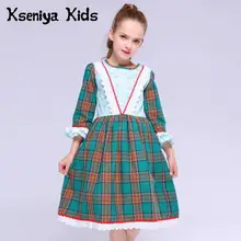 Kseniya Kids/Новинка, осенне-зимнее платье в зеленую клетку для маленьких девочек, милое платье с длинными рукавами и лепестками в английском стиле Платья с цветочным рисунком для девочек на день рождения, для детей возрастом от 2 до 11 лет