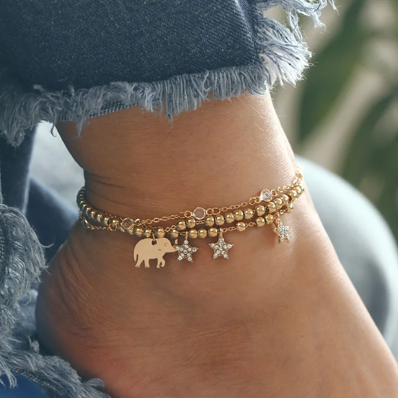 

New Fashion Beads Anklets Simple Elephant Crystal Star Pendant Multilayer Ankle Bracelets for Women Beach Foot Bohemian Jewelry