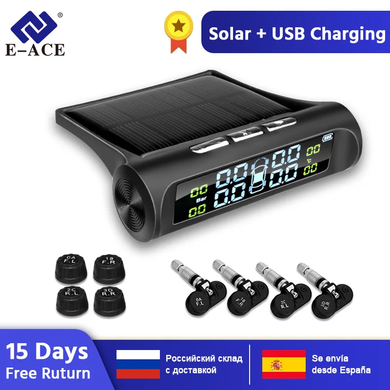  E-ACE Solar Power TPMS Car Tire Pressure Alarm Monitor System Auto Security Alarm Systems Tyre Pres