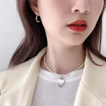 

Women's 100% Authentic 925 Sterling silver Heart Shape pendant pearl chain choker Necklace Fine jEWELRY TLX885