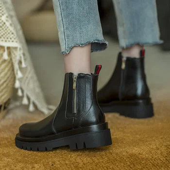 

Mordoan Genuine Cow Leather Martin boots women's thick bottom 2020 autumn British style round toe zipper ankle boots women