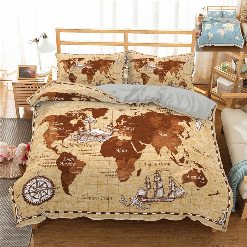 Fashion World Map Home Textiles 2/3pcs Bedding Set Comforters Sets Bed Set Sheet, Pillowcase & Duvet Cover Sets Polyester