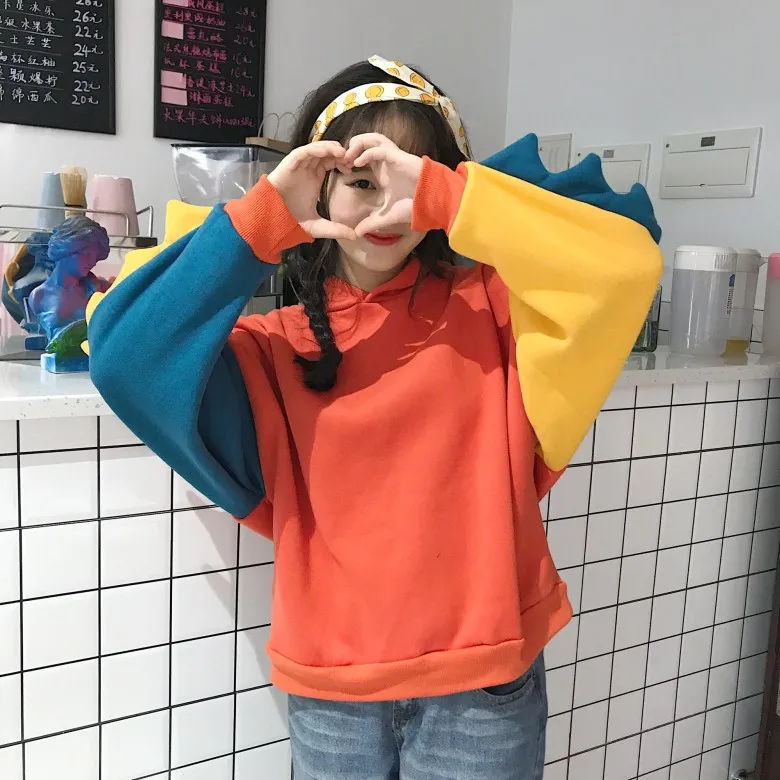 Aulead, с капюшоном, в стиле «пэчворк» зимняя Милая Harajuku Kawaii Толстовка Для женщин негабаритных кофты элегантный дизайн Топ пуловер спортивный костюм 5c