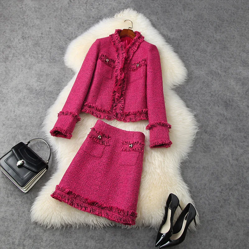 Nouveau Femmes Tissé Bows Tweed Veste Manteau Mini Jupe 2Pcs Costume pompons une ligne robe