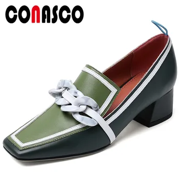 

CONASCO 2020 Spring Summer Fashion Concise Casual Office Woman Genuine Leather Pumps Chain Thick Heels Square Toe Shoes Woman