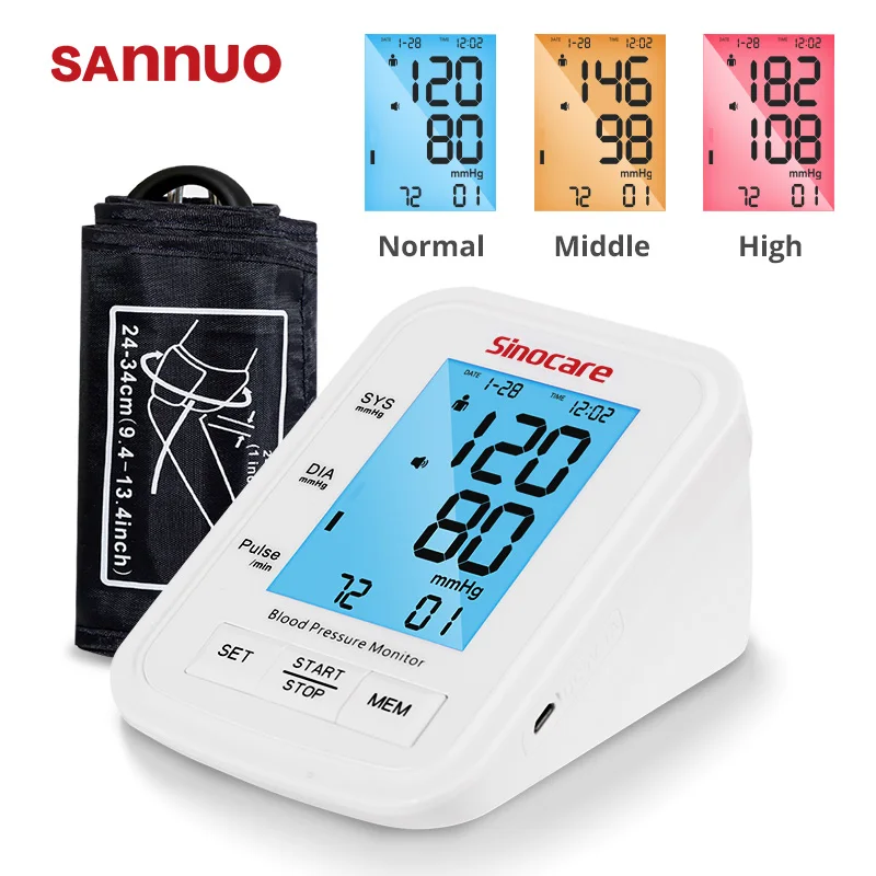 Sannuo 2021 yükseltilmiş kan basıncı monitörü otomatik BP makinesi kalp hızı darbe monitör uzun manşet dijital 3 renkli LCD ekran