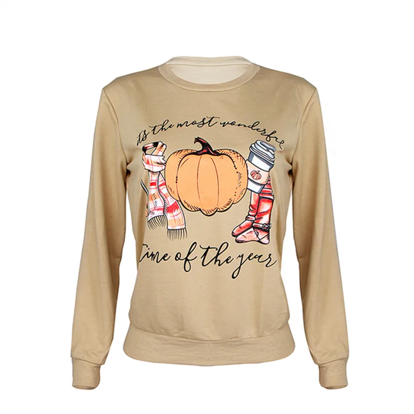  Halloween Sweatshirts Pumpkin Top Women Letter Print Hoodie Khaki Sweatshirts Autumn Pullovers Hall