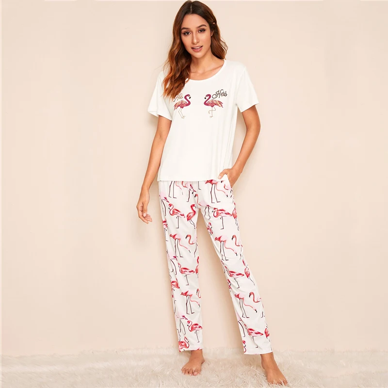 Dotfashion пижамный комплект с принтом животных фламинго летний Повседневный Топ с короткими рукавами, пижамный комплект, женская одежда для отдыха с принтом животных