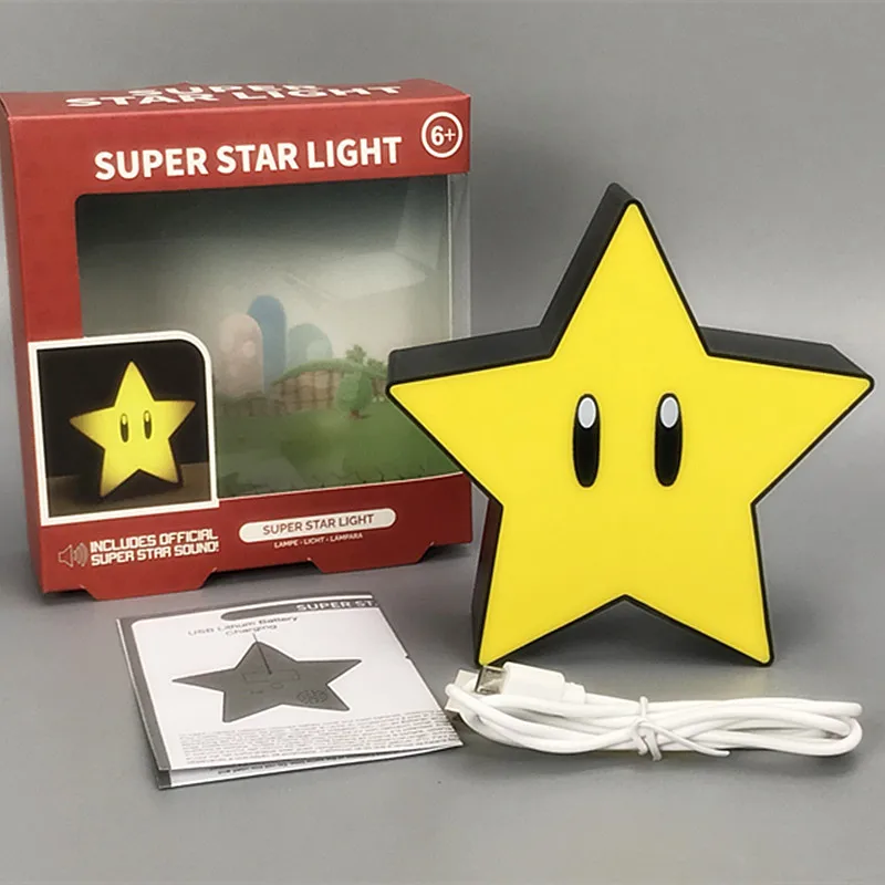 Retro Nostalgic Mario Super Star Light USB Rechargeable Sound Effect Anime Home Decoration Atmosphere Lamp Christmas Party Gift holiday nights of lights Night Lights