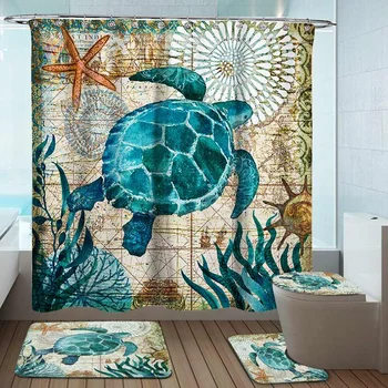 

Sea Turtles 4 In 1 Waterproof Fabric Bathroom 3D Shower Curtain Set with Non Slip Toilet Cover Rugs Mat Home Decoration