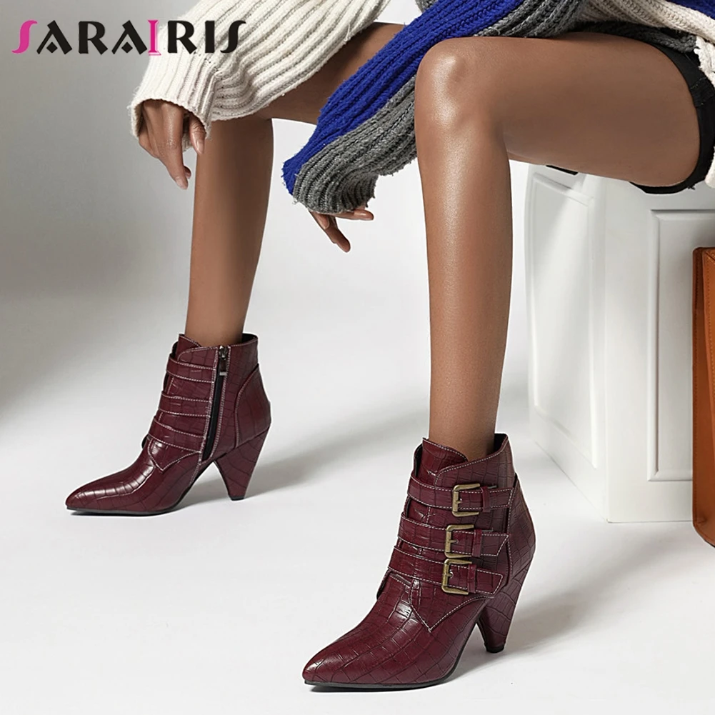 

SARAIRIS 35-47 Lady Hot Sale High Heels Boots Brand Mature Stone Fretwork Boots Women Pointed Toe Ankle Shoes Woman